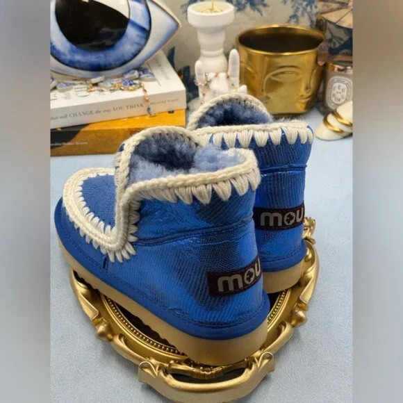🆕 MOU 🧿 NWOT WOB Metallic Stingray Effect Blue Eskimo Ankle Boot, Sz EU 37 - Picture 8 of 13